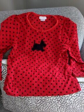 Cherokee Red Long-Sleeve Polka Dot PJ Top with Black Scottie Applique